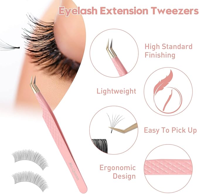 Ms.Queen Lash Tweezers for Eyelash Extensions,Precision 4Pcs Fiber Tip Grip 45 90 Degree L-Shaped Boot Curved Isolation Eyelash Tweezers Set