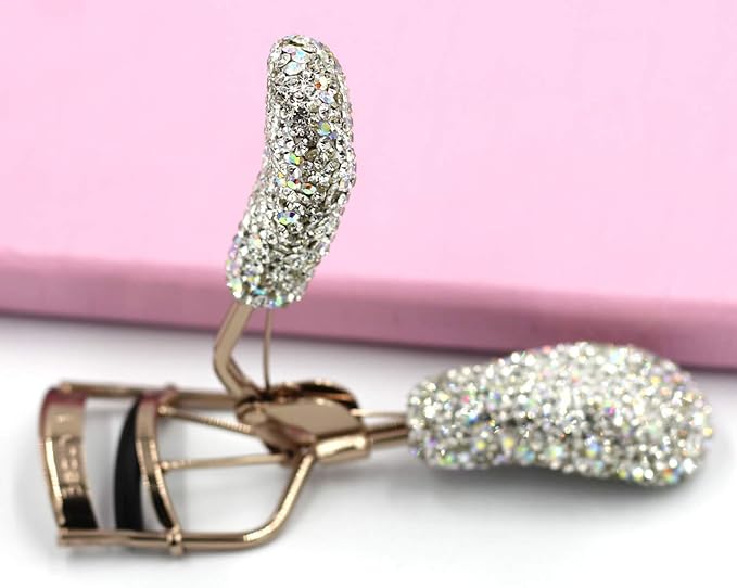 Bling Rhinestones Makeup Eyelash Curler with Refill Silicone Pressure Pads and Spring Loaded for No Pinching or Pulling (Silver)