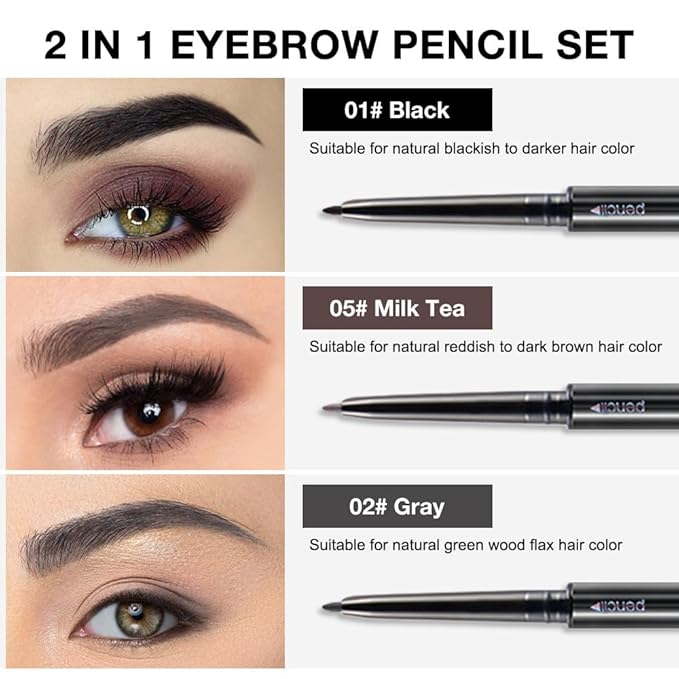 5 Pcs Dual-Sided Auto-rotate Ultra-Fine Tip Eye Brow Pencils Pack,Draws Tiny Precise Brow Makeup, Defines, Fills Brows, Shapes, Contours, Combs, ‌1mm Pen Point (2*Black+2*Tea+Gray)