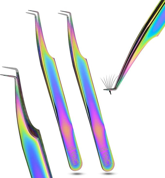 2pcs Fiber Tip Lash Tweezer Set – 90 Degree Volume Eyelash Extension Tweezers, Precision Stainless Steel, Professional Isolation Tools for Classic, Volume, Mega Volume Fans, Non Slip Grip (Rainbow)