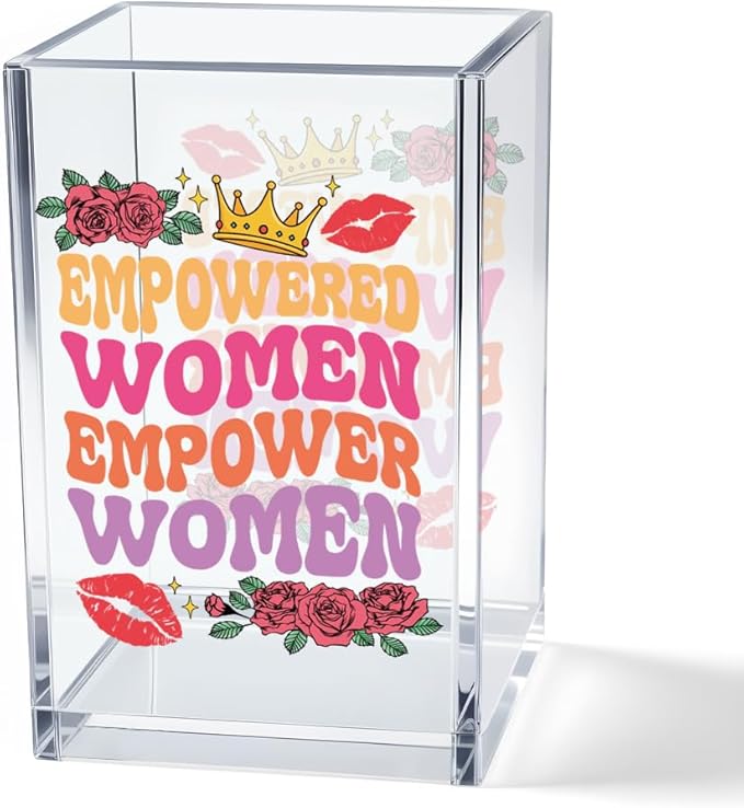 Empowered Women Acrylic Makeup Brush Organizer Holder, Women Equality Desk Acrylic Brushes Storage, Motivational Feminist Gifts for Sister BFF Daughter Friends Makeup Lovers
