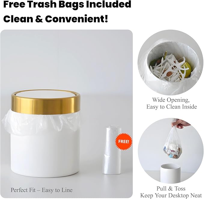 Mini Trash Can with Lid, 1.5 Liter / 0.4 Gallon Small Metal Desk Garbage Bin for Countertop, Coffee Bar, Vanity – White