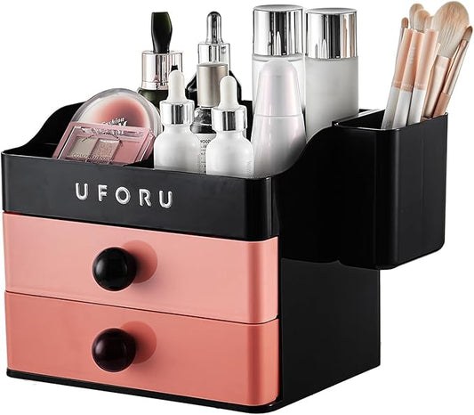 Makeup Organizer for Vanity with Brush Holder, Countertop Skincare Organizer with 2 Drawers, Spacious Cosmetic Display Case for Perfumes, Eyeshadow Palettes, Nail Polishes