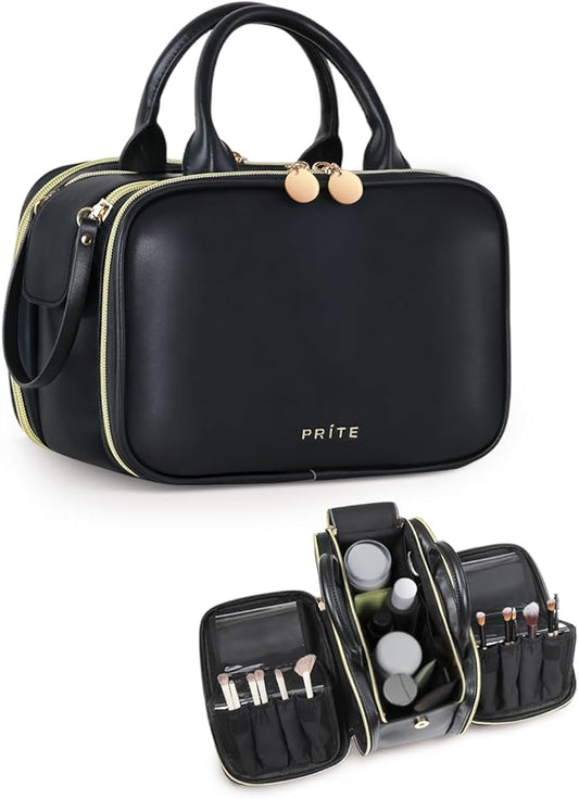 Prite Makeup Bag for Women, Large Capacity Waterproof Travel Cosmetic Organizer, Portable Open Flat Toiletry Bag with Free-standing Brush Holder and Handle(Black Medium)