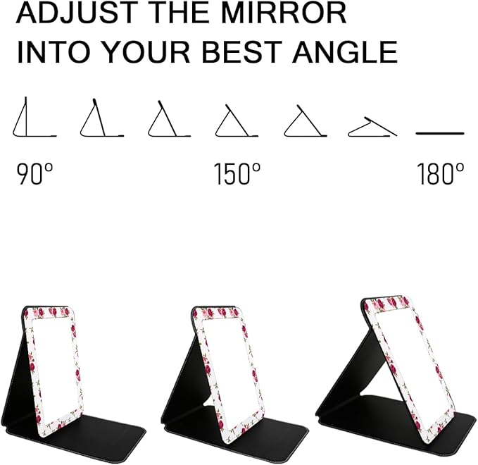 Mirror Folding Portable Travel Makeup Compact Personal Hand Mirror PU Portable Adjustable Rectangular Ultrathin Vanity Mirror with Stand, for Travel, Camping,Home, Office & On-The-Go (Rose Pattern)