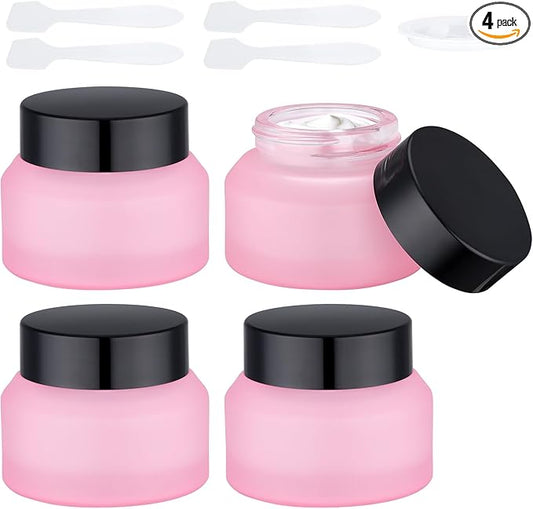 Segbeauty 1oz Frosted Glass Jar with Lid, Small Glass Containers for Lotion Cream Foundation, Refillable Travel Bottles for Toiletries 4pcs 30ml, Pink Empty Travel Size Containers with Spatulas