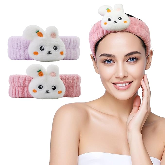Kawaii Spa Headbands for Women Girls - 2 Pack Cute Bunny Soft Fleece Facial Headbands for Makeup, Skincare and Face Washing, Dark Pink+Purple Rabbit