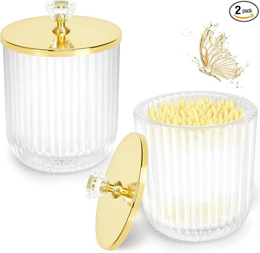 Jenseits 2PCS Qtip Holder Set, Clear Glass Apothecary Jars With Lid for Cotton Ball and Round Pad Storage, Bathroom Vanity Organization, Farmhouse Home Decor