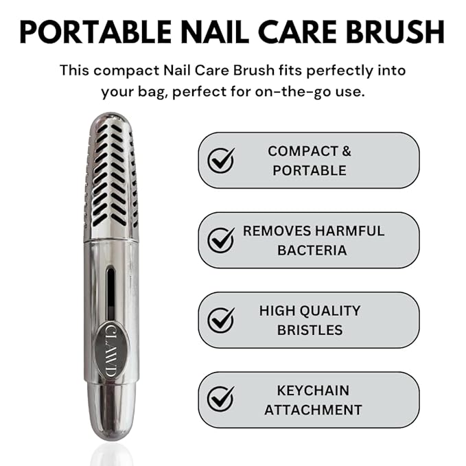 CLAWD Nail Brush for Cleaning Fingernails | Soft Bristle Portable Travel Nail Cleaner Brush for Women | Silver