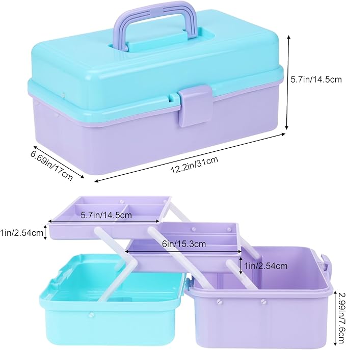 OUTUXED 12.5inch 3-Layer Multipurpose Craft Organizers, Portable Folding Toolbox, Plastic Tool Box with Handle for Sewing Supplies, Medicine, Art Supplies, Nails and Hair Accessories