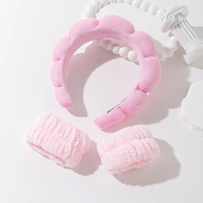 Spa Headband and Wristband Set for Women,Terry Cloth Sponge Headband for Washing Face,Makeup,Facial Mask and Skincare (Pink, One Size)