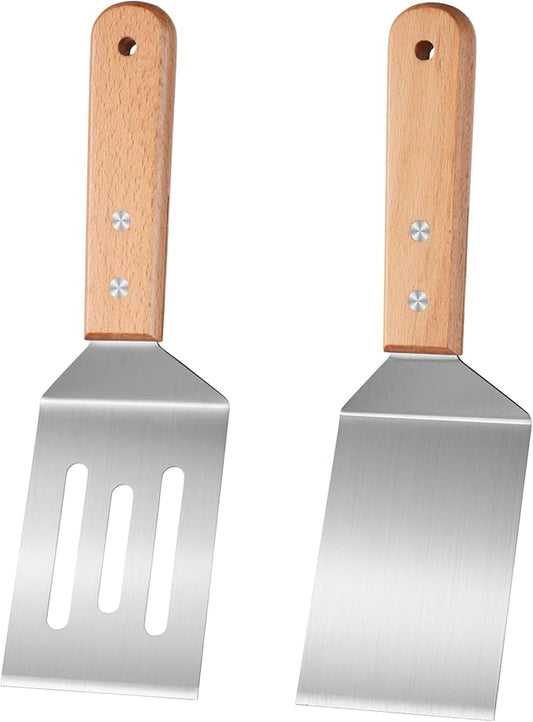 2-Piece Stainless Steel Spatula Set with Serrated Head and Long Mesh, Metal Spatulas for Cast Iron Skillet, Frying Pan, Ideal for Flipping Steak, Pancake, Burger, Eggs, BBQ & Desserts