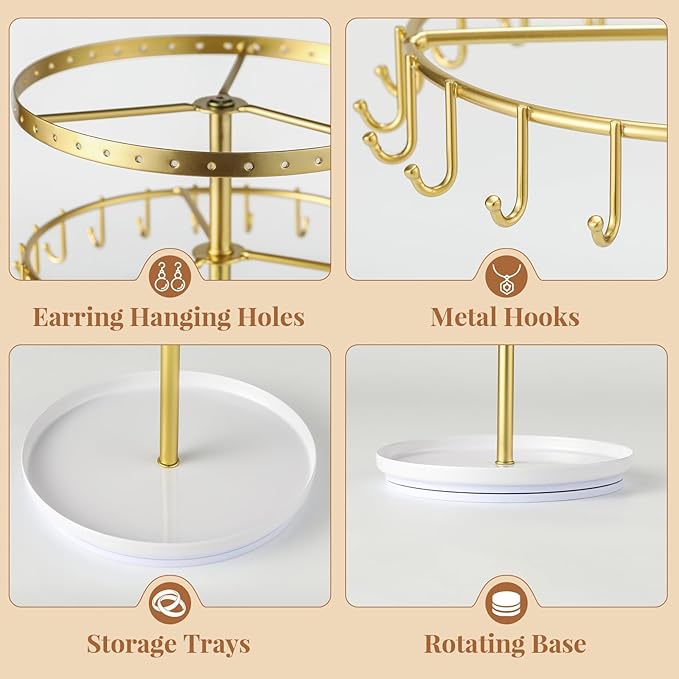 LANDNEOO Necklace Holder Jewelry Organizer, 360° Rotating 3-Tier Jewelry Stand Display, 14.3" Holds 80 Pcs, Earring Holder, Bracelet Ring Holder, Jewelry Organizer and Storage For Women Vanity Dresser