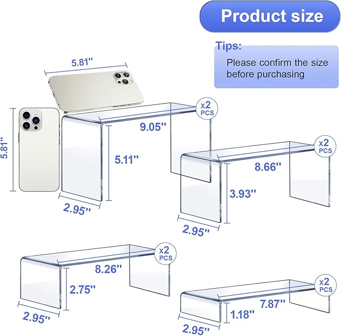 Acrylic Risers 8 Pcs – Clear Rectangular Display for Perfume Organizer, Figures, Jewelry, Dessert Table & Cupcake, 4 Sizes (7", 8", 9")