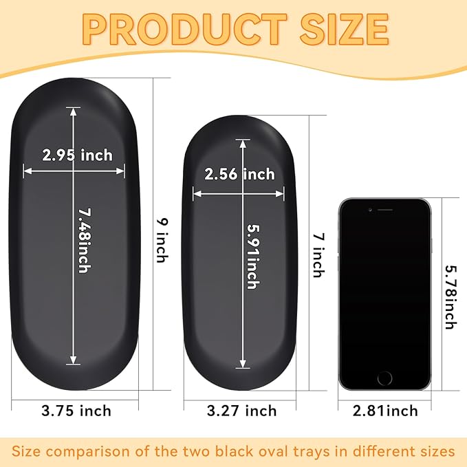 2PACK Black Decorative Tray,Oval Stainless Steel Trays, Decorative Tray for Jewelry Dish Cosmetics Organizer Bathroom Clutter Serving Platter (Black, 7 in)
