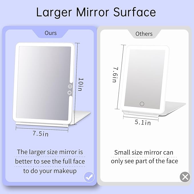 FUNTOUCH Rechargeable Large Travel Makeup Mirror with Lights, 1800mAh 10x7.5 Portable Lighted Makeup Mirror with 3 Color Lights, Dimming Folding Light Up Travel Mirrors with 10X Magnifying Mirror