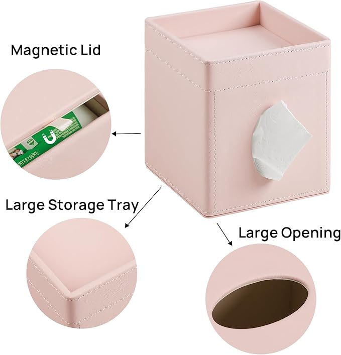 Tissue Box Cover, PU Leather Square Tissue Box Holder with Storage Tray for Bathroom Vanity Countertop Night Stands Bedroom Office Desk, Stylish Tissue Holder Decorative Organizer (Pink)