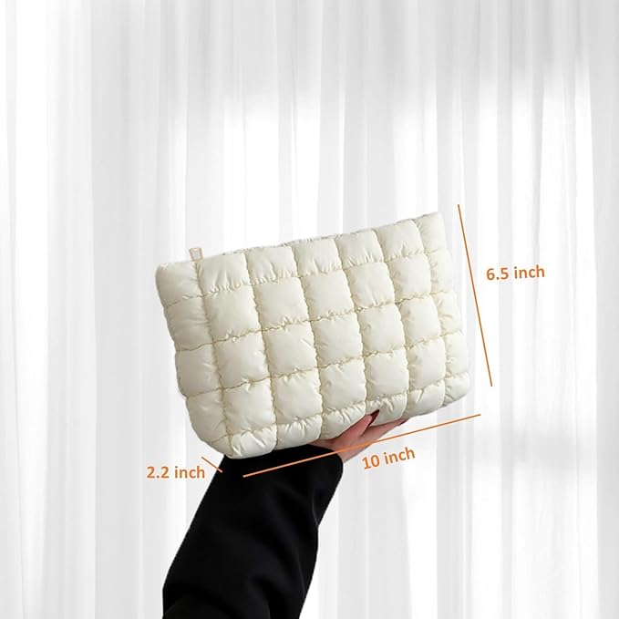Puffy Quilted Makeup Bag for Women, Cosmetic Bag, Travel Toiletry Organizer Pouch Clutch (white)