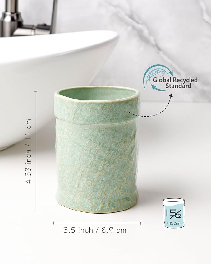 Toothbrush Holder, Tooth Brush Holder for Bathroom - Ceramic Toothbrush Cup Toothbrush Holders Countertop, Makeup Brush Holder Pen Holder, 3.54" x 3.54" x 4.33", Green, ANTIS'S HOME