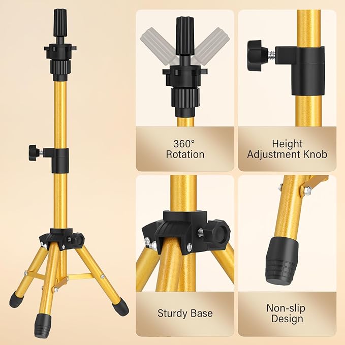 Wig Stand Tripod, 25 Inch Adjustable Mannequin Head Stand, Wig Head Stand for Training Heads And Canvas Block Head (Golden, Mannequin Head Not Included)