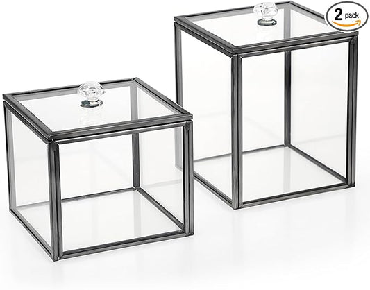 Hipiwe 2 Pack Glass Qtip Holder Dispenser With Lid Metal Bathroom Containers for Cotton Balls Makeup Sponges Bath Salts Candles Vanity Canisters Countertop Storage Organizer Jar, Black