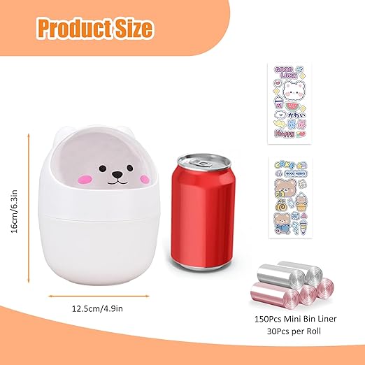 Cute Desktop Tiny Trash Can with Flip Lid, Creative Kawaii Bear Mini Wastebasket, Portable Countertop Dustbin for Office Kitchen Vanity Tabletop Bedroom (White)