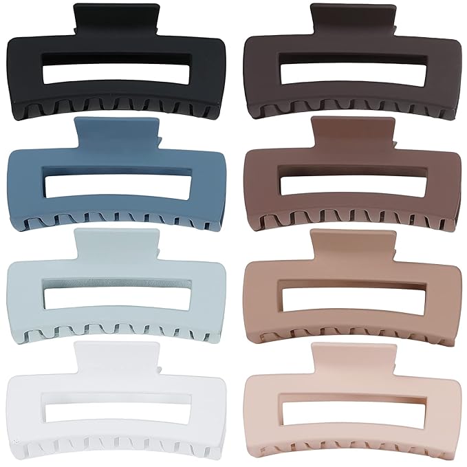 Large Hair Claw Clips - 8 Pcs Rectangle Big Claws for Thick Hair - Non-Slip Acrylic Banana Jaw Clips - Women & Girls (Blue, Brown)