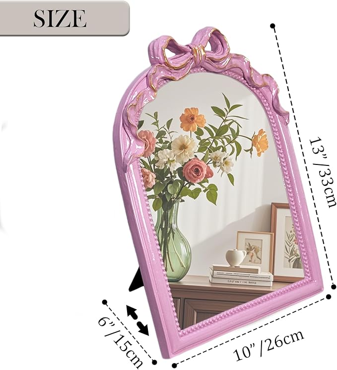 Pink Bow Mirror - 13x10 Inch Perfect Elegant Decorative Accent, Wall-Mounted Tabletop Makeup Mirror for Nursery Baby Room Bedroom Decor