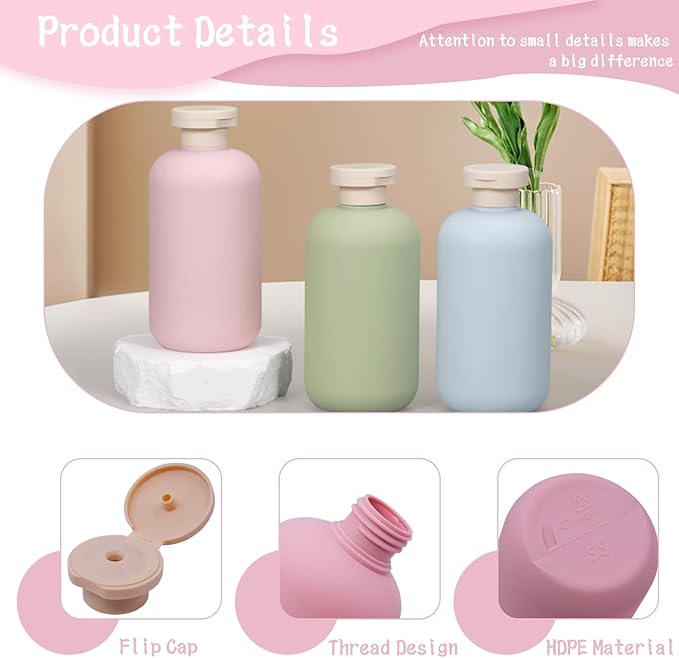 3 Pack Leakproof Travel Bottles 6.8oz | Squeeze Shampoo & Lotion Containers with Locking Flip Caps | Food Grade HDPE/PP for Toiletries, Gym, Camping (Green+Blue+Pink)