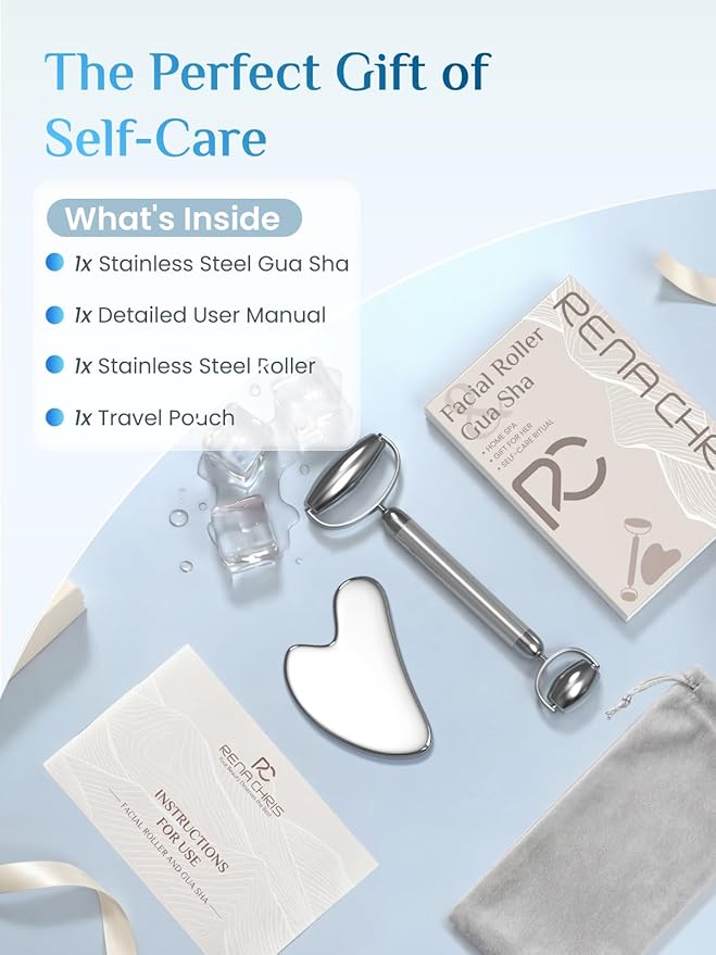 Rena Chris Gua Sha and Face Roller Set: Anti-Breakage Stainless Steel Roller for Long-Lasting Use, Jawline Sculpting and Puffiness Reducing, Gua Sha Facial Tools for Self Care Gift (Silver)