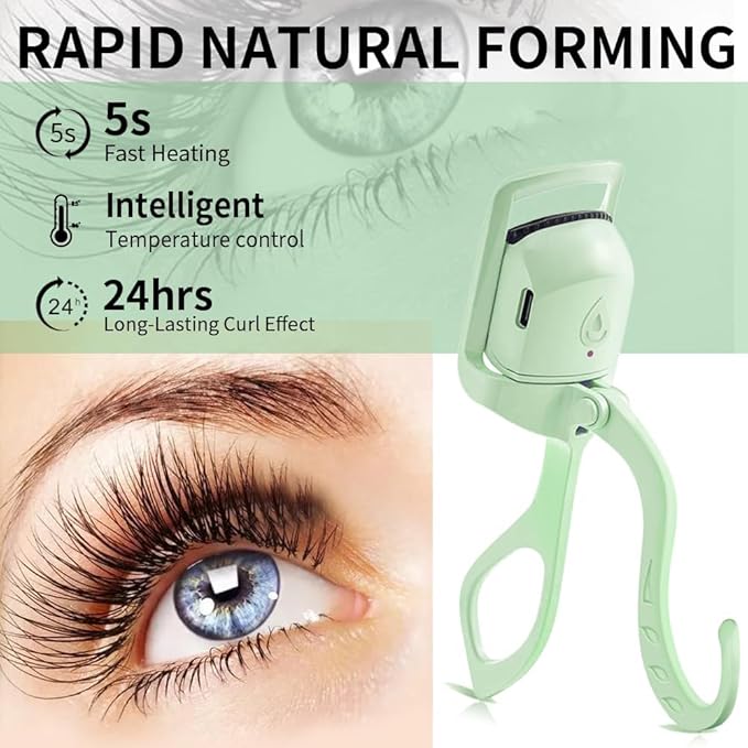 Heated Eyelash Curler, Fast 5s Heat up, 24 Hours Long Lasting, Rechargeable Electric Lash Curler, Temperature Control, Safe Anti-Burn Eye Lash Curler, Quick Natural Curling Lashes (Green)