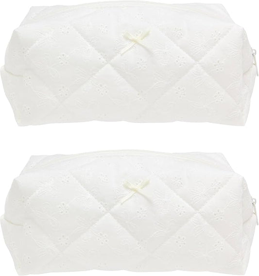 PAZIMIIK 2PCS Cozy Makeup Bag Travel Cosmetic Bag for Women Soft Toiletry Bag Aesthetic Makeup Organizer Portable Large Zipper Pouch for Skincare Beauty Accessories Brushes Embroidery White