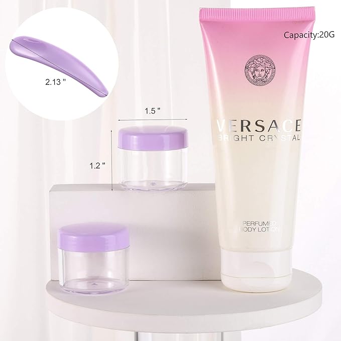 Refillable Cosmetic Sample Jars - 100 Pack 20g (0.7oz) Purple Small Travel Containers with Lids + 10 Mini Makeup Spatulas - BPA Free