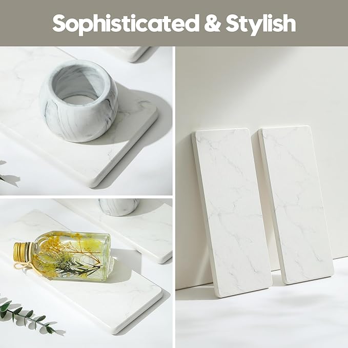 2PCS Diatomite Marble Tray Water Absorbing Mat for Kitchen Counter, Stone Drying Vanity Caddy for Bathroom Sink,Faucet Splash Guard,Soap Dispenser Rack Sponge Holder Organizer, White, 9"x3.5"