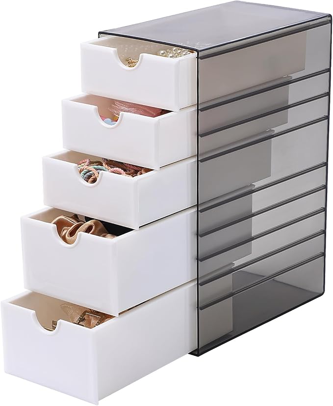 Hair Accessories Organizer with Removable Drawer, Large Capacity Desk Organizer Box with Stackable Cases, Hair Styling Storage Box for Hair Ties, Clips&Pins, 5-Tier Plastic Containers, Clear Black