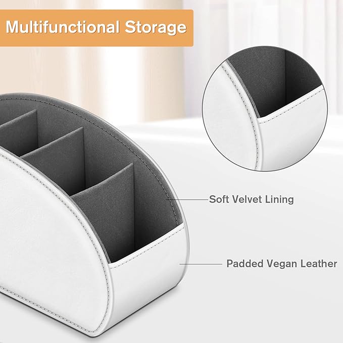Fintie Remote Control Holder, 5 Compartments Vegan Leather TV Remoter Caddy Desktop Organizer Makeup Brush Holder Storage Fits TV Remotes, Media Controllers, Office Supplies(White)
