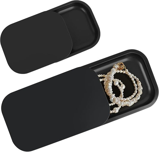2 Pack Metal Tray with Magnetic Lid, 11 Inch 7 Inch Decorative Trays with 0.6 Inch Depth, Portable Metallic Tray for Jewelry, Sewing, Crafting, Light Travel, Home Decor, Matt Black