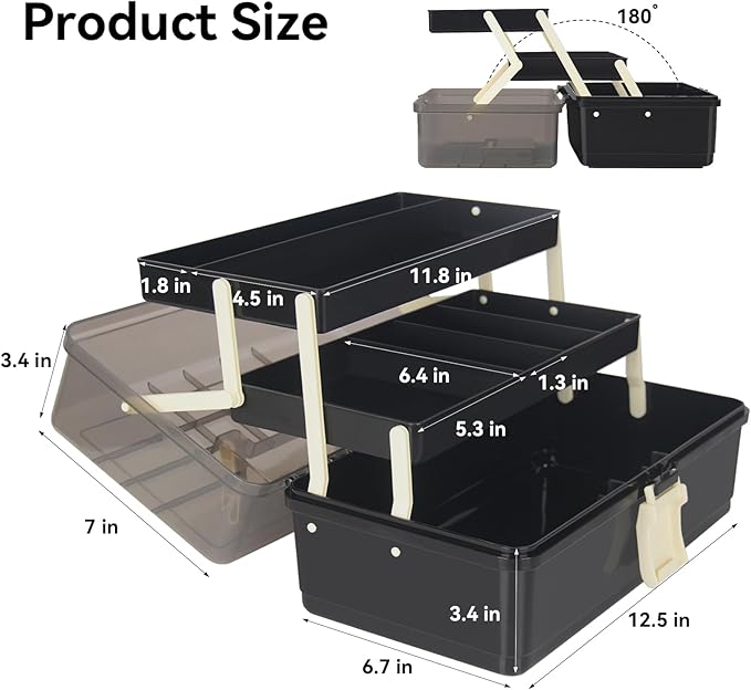 WEWLINE 13-Inch Art Storage Box 3-Layers Plastic Storage Box with Handle Craft Art Bin Portable for Home School Office Travel, Black