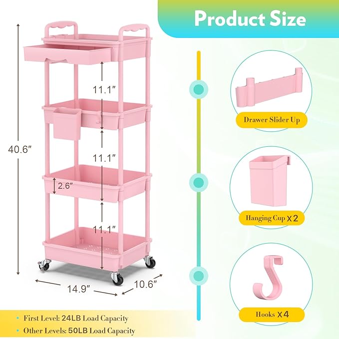 Makeup Cart Organizer with Drawers, 4 Tier Floor Skincare Organizers for Vanity, Rolling Makeup Bathroom Storage Cart Cosmetics Display Cases for Skin Care Perfume Nail Polish, Pink