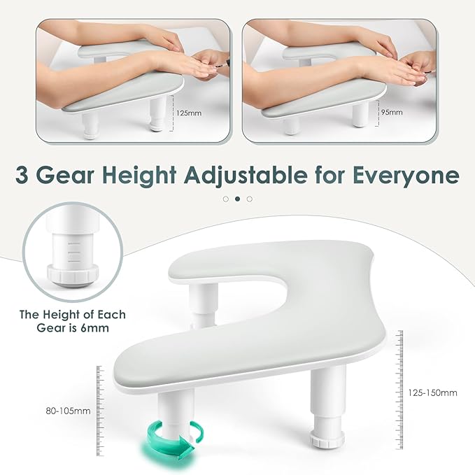 Manicure Arm Rest for Nails Tech: U-shaped Adjustable Nail Armrest - Gray PU Leather Hand Stand Rest for Manicurists