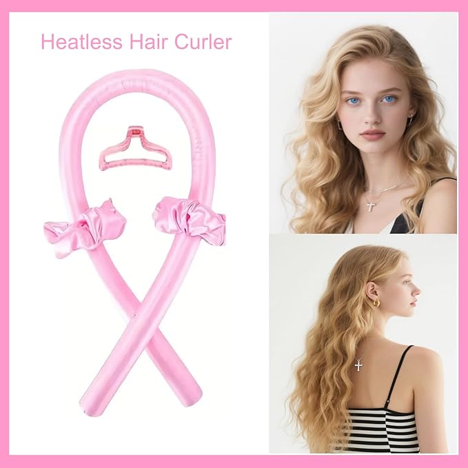 Heatless Curls Overnight Hair Curlers with Satin Pillowcase for Hair and Skin Queen Set, Sleeping Bonnet Eye Mask and Face Massager, 12pcs Hair Styling Tools Set for Sleeping(Pink)