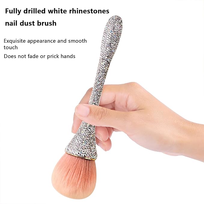 WOKOTO 1pcs White Shiny Rhinestone Nail Art Dust Brushes For Acrylic Nails Powder Remover Brushes Loose Face Cosmetics Blending Liquid Foundation Powder Make Up Brushes Nail Trimming Cleaning Tools
