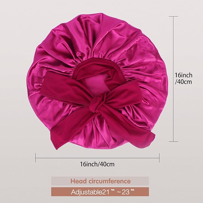 Arqumi Pack of 2 Satin Sleeping Bonnet, Large Sleep Bonnet with Long Strap,Reduce-Friction Prevent-Frizz Curly Hair, Adjustable Sleep Cap Hair Bonnet for Women & Men, Black+Rosy