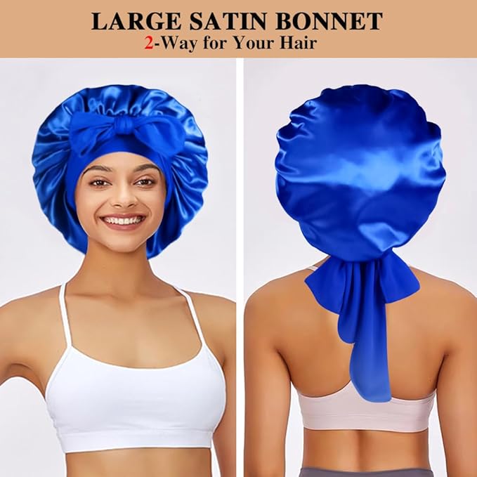 2+3 Large Satin Bonnets with Scrunchies for Women, Hair Bonnet Sleeping Tie Bonnet for Braids Curly Hair
