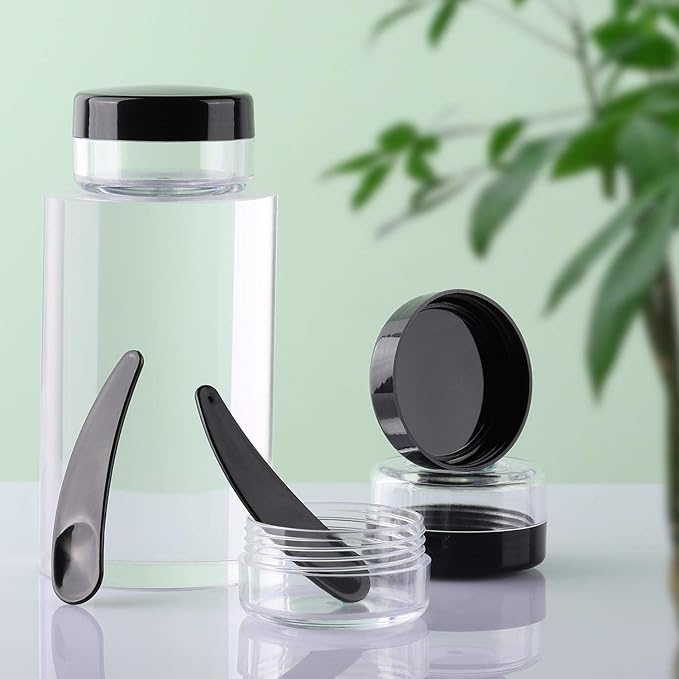 Refillable Cosmetic Sample Jars - 100 Pack 10g (0.35oz) Black Small Travel Containers with Lids + 10 Mini Makeup Spatulas - BPA Free