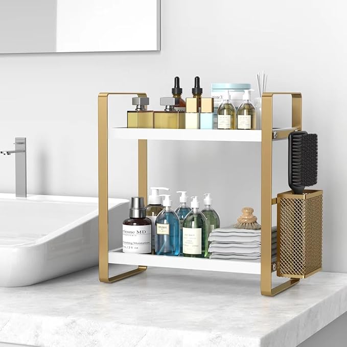 LEMIKKLE Bathroom Counter Organizer with Basket, Skincare,Makeup Organizers for Vanity,Storage Organizers for Bathroom, Kitchen, Dresser（White）