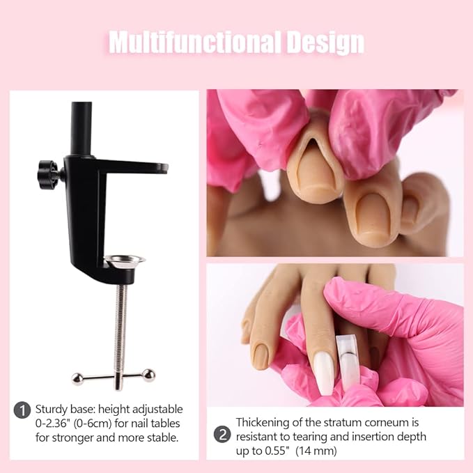 Nail Pratice Training Hand for Acrylic Nails with Stand Bracket,Soft Silicone Maniquin Hand, Flexible Bendable Nail Practice Fake Hand for Nails Art Practice Tool