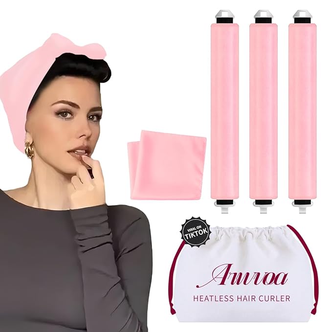 Heatless Hair Curler Heatless Curls Overnight Heatless Blowout with Luxury Cloth Bag Silk Scarf, Curling Rod Headband to Sleep in No Heat Curling with (Pink, 3Rods)