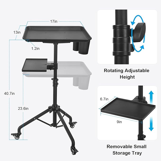 Salon Tray Cart on Wheels, Aluminum Tattoo Tray with Storage Platform, Adjustable Height Service Rolling Tray, Storage Tray Accessory for Salon Spa Dental Use, Rolling Tray Cart