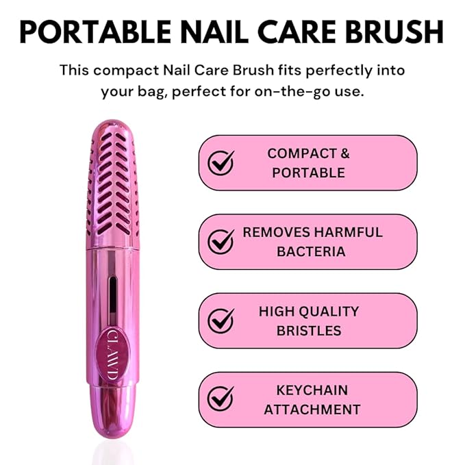 CLAWD Nail Brush for Cleaning Fingernails | Soft Bristle Portable Travel Nail Cleaner Brush for Women | Pink